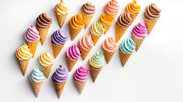 Top view photo of many ice cream, colorful, wafer cones, maximalism, isolated pastel white background with copyspace. Generative AI image weber.