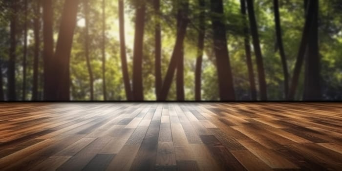 wooden floor and blurred tree forest on behing background. Generative AI image weber.