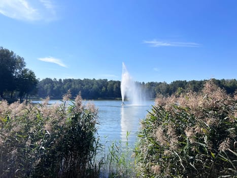 The fountain on the lake in the park. Druskininkai, Lithuania, autumn but sunny day blue sky. High quality photo