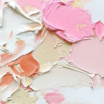 An abstract composition showcases dynamic brush strokes in various shades of pink, beige, and gold, blending together on a white canvas background, creating a modern artistic expression.