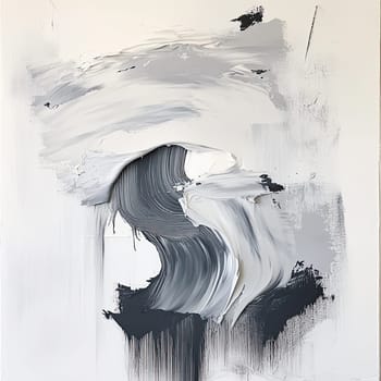 An abstract composition showcases a blend of grey and white tones, characterized by fluid brush strokes and textured layers, creating a sense of movement and artistry.