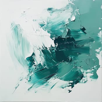 This captivating artwork presents dynamic swirls of teal and white paint, blending harmoniously to create an abstract expression of creativity and emotion in an artist's workspace.
