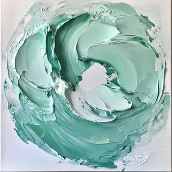 This captivating artwork presents dynamic swirls of teal and white paint, blending harmoniously to create an abstract expression of creativity and emotion in an artist's workspace.