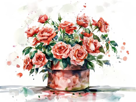 A vibrant arrangement of pink roses in a rustic brown vase surrounded by lush green leaves showcases the beauty of springtime flowers and adds a touch of elegance to any decor.