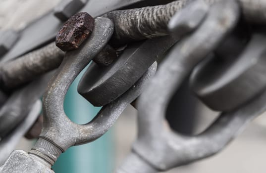 Close-up of Open Swage Socket also are used as an end termination on overhead crane hoist lines. U-shaped piece of equipment, a metal shackle is generally used as a connecting link in a variety of rigging, lifting, pulling and hoisting applications, Connections concept and securing, Space for text, Selective Focus.