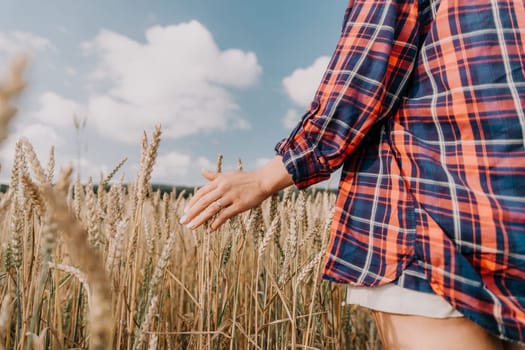 A hand reaches out to touch the golden wheat in a field.