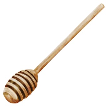 Honey stick watercolor. Hand drawn wooden spoon for honey. Clip art of kitchen appliance on isolated white background. Ideal for logo and design of beekeeping products store. High quality illustration