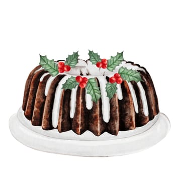 Christmas cake watercolor. Hand drawn traditional holiday cake. Clip art of chocolate pastry on isolated white background. Ideal for cookbook and bakery menu. High quality photo