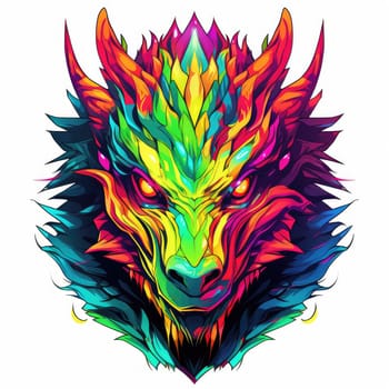 A psychedelic pop art style dragon portrait isolated on white. Graphic Design Element. Template for sticker, poster, t-shirt print, etc.