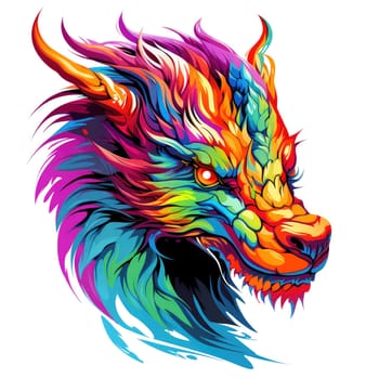 A psychedelic pop art style dragon portrait isolated on white. Graphic Design Element. Template for sticker, poster, t-shirt print, etc.