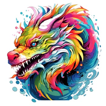A psychedelic pop art style dragon portrait isolated on white. Graphic Design Element. Template for sticker, poster, t-shirt print, etc.