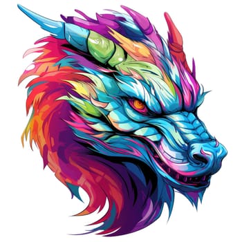 A psychedelic pop art style dragon portrait isolated on white. Graphic Design Element. Template for sticker, poster, t-shirt print, etc.