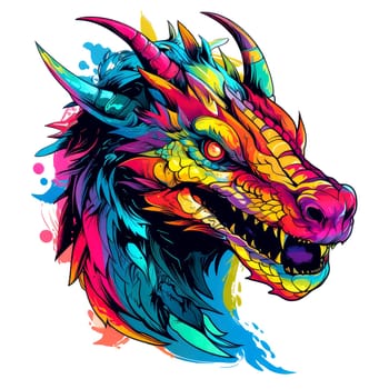 A psychedelic pop art style dragon portrait isolated on white. Graphic Design Element. Template for sticker, poster, t-shirt print, etc.