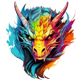 A psychedelic pop art style dragon portrait isolated on white. Graphic Design Element. Template for sticker, poster, t-shirt print, etc.