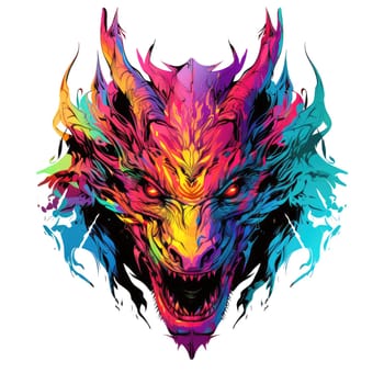 A psychedelic pop art style dragon portrait isolated on white. Graphic Design Element. Template for sticker, poster, t-shirt print, etc.