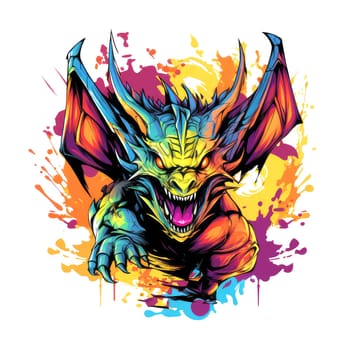 A psychedelic pop art style dragon portrait isolated on white. Graphic Design Element. Template for sticker, poster, t-shirt print, etc.