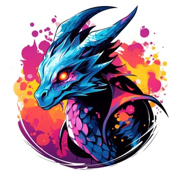 A psychedelic pop art style dragon portrait isolated on white. Graphic Design Element. Template for sticker, poster, t-shirt print, etc.