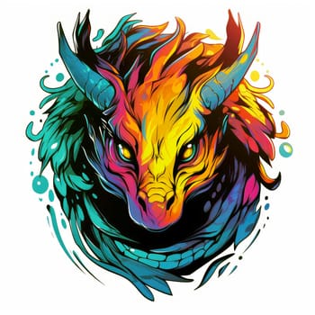 A psychedelic pop art style dragon portrait isolated on white. Graphic Design Element. Template for sticker, poster, t-shirt print, etc.
