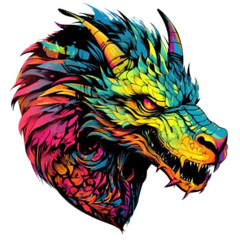A psychedelic pop art style dragon portrait isolated on white. Graphic Design Element. Template for sticker, poster, t-shirt print, etc.