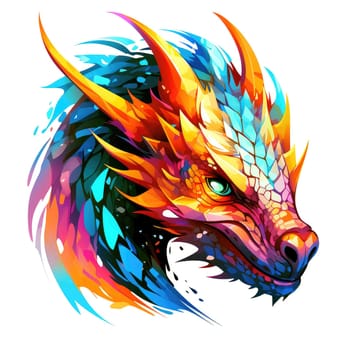 A psychedelic pop art style dragon portrait isolated on white. Graphic Design Element. Template for sticker, poster, t-shirt print, etc.