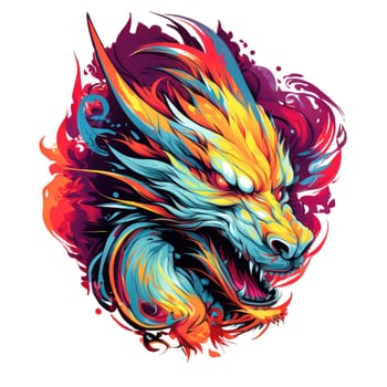 A psychedelic pop art style dragon portrait isolated on white. Graphic Design Element. Template for sticker, poster, t-shirt print, etc.