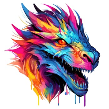 A psychedelic pop art style dragon portrait isolated on white. Graphic Design Element. Template for sticker, poster, t-shirt print, etc.