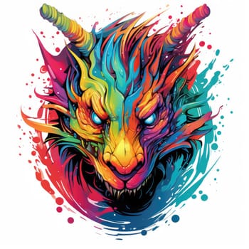 A psychedelic pop art style dragon portrait isolated on white. Graphic Design Element. Template for sticker, poster, t-shirt print, etc.