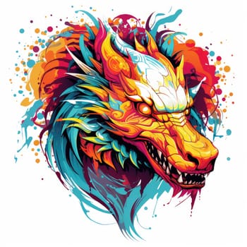 A psychedelic pop art style dragon portrait isolated on white. Graphic Design Element. Template for sticker, poster, t-shirt print, etc.