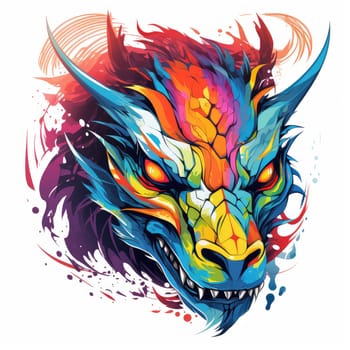 A psychedelic pop art style dragon portrait isolated on white. Graphic Design Element. Template for sticker, poster, t-shirt print, etc.