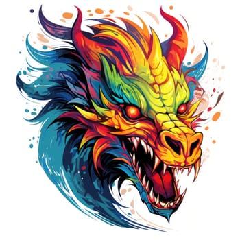 A psychedelic pop art style dragon portrait isolated on white. Graphic Design Element. Template for sticker, poster, t-shirt print, etc.