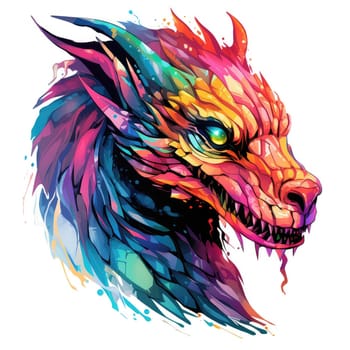 A psychedelic pop art style dragon portrait isolated on white. Graphic Design Element. Template for sticker, poster, t-shirt print, etc.