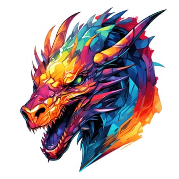 A psychedelic pop art style dragon portrait isolated on white. Graphic Design Element. Template for sticker, poster, t-shirt print, etc.