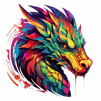 A psychedelic pop art style dragon portrait isolated on white. Graphic Design Element. Template for sticker, poster, t-shirt print, etc.