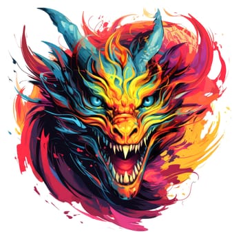 A psychedelic pop art style dragon portrait isolated on white. Graphic Design Element. Template for sticker, poster, t-shirt print, etc.