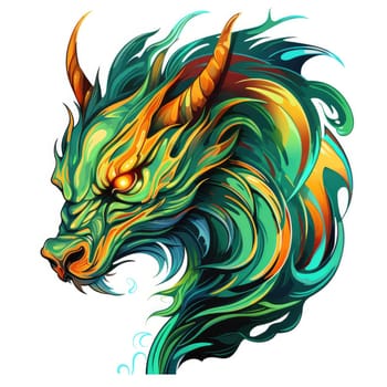 A psychedelic pop art style dragon portrait isolated on white. Graphic Design Element. Template for sticker, poster, t-shirt print, etc.