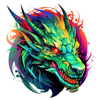 A psychedelic pop art style dragon portrait isolated on white. Graphic Design Element. Template for sticker, poster, t-shirt print, etc.