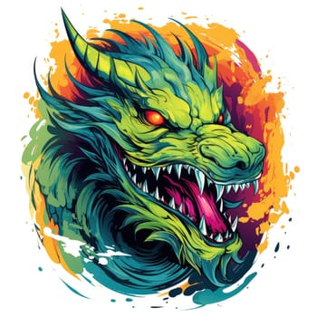 A psychedelic pop art style dragon portrait isolated on white. Graphic Design Element. Template for sticker, poster, t-shirt print, etc.