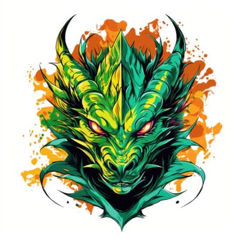A psychedelic pop art style dragon portrait isolated on white. Graphic Design Element. Template for sticker, poster, t-shirt print, etc.