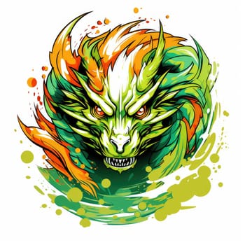 A psychedelic pop art style dragon portrait isolated on white. Graphic Design Element. Template for sticker, poster, t-shirt print, etc.