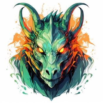 A psychedelic pop art style dragon portrait isolated on white. Graphic Design Element. Template for sticker, poster, t-shirt print, etc.