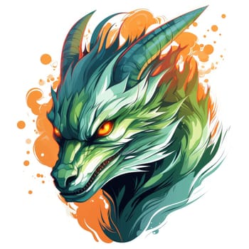 A psychedelic pop art style dragon portrait isolated on white. Graphic Design Element. Template for sticker, poster, t-shirt print, etc.