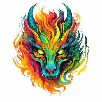 A psychedelic pop art style dragon portrait isolated on white. Graphic Design Element. Template for sticker, poster, t-shirt print, etc.