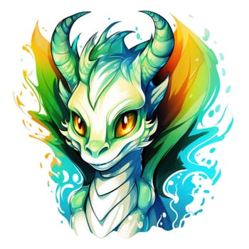 A psychedelic pop art style dragon portrait isolated on white. Graphic Design Element. Template for sticker, poster, t-shirt print, etc.