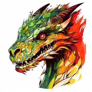 A psychedelic pop art style dragon portrait isolated on white. Graphic Design Element. Template for sticker, poster, t-shirt print, etc.