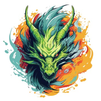 A psychedelic pop art style dragon portrait isolated on white. Graphic Design Element. Template for sticker, poster, t-shirt print, etc.
