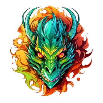 A psychedelic pop art style dragon portrait isolated on white. Graphic Design Element. Template for sticker, poster, t-shirt print, etc.