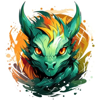 A psychedelic pop art style dragon portrait isolated on white. Graphic Design Element. Template for sticker, poster, t-shirt print, etc.