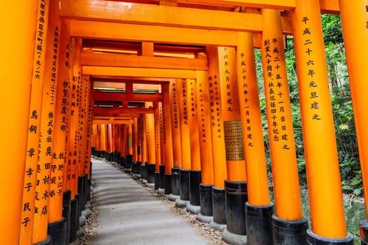 Kyoto, Japan - May 15 2019: Red Tori Gate at Fushimi Inari Shrine in Kyoto, Japan. One of the largest tourist attractions in Japan