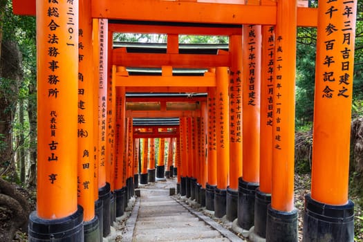 Kyoto, Japan - May 15 2019: Red Tori Gate at Fushimi Inari Shrine in Kyoto, Japan. One of the largest tourist attractions in Japan