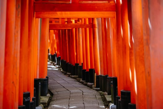 Kyoto, Japan - May 15 2019: Red Tori Gate at Fushimi Inari Shrine in Kyoto, Japan. One of the largest tourist attractions in Japan